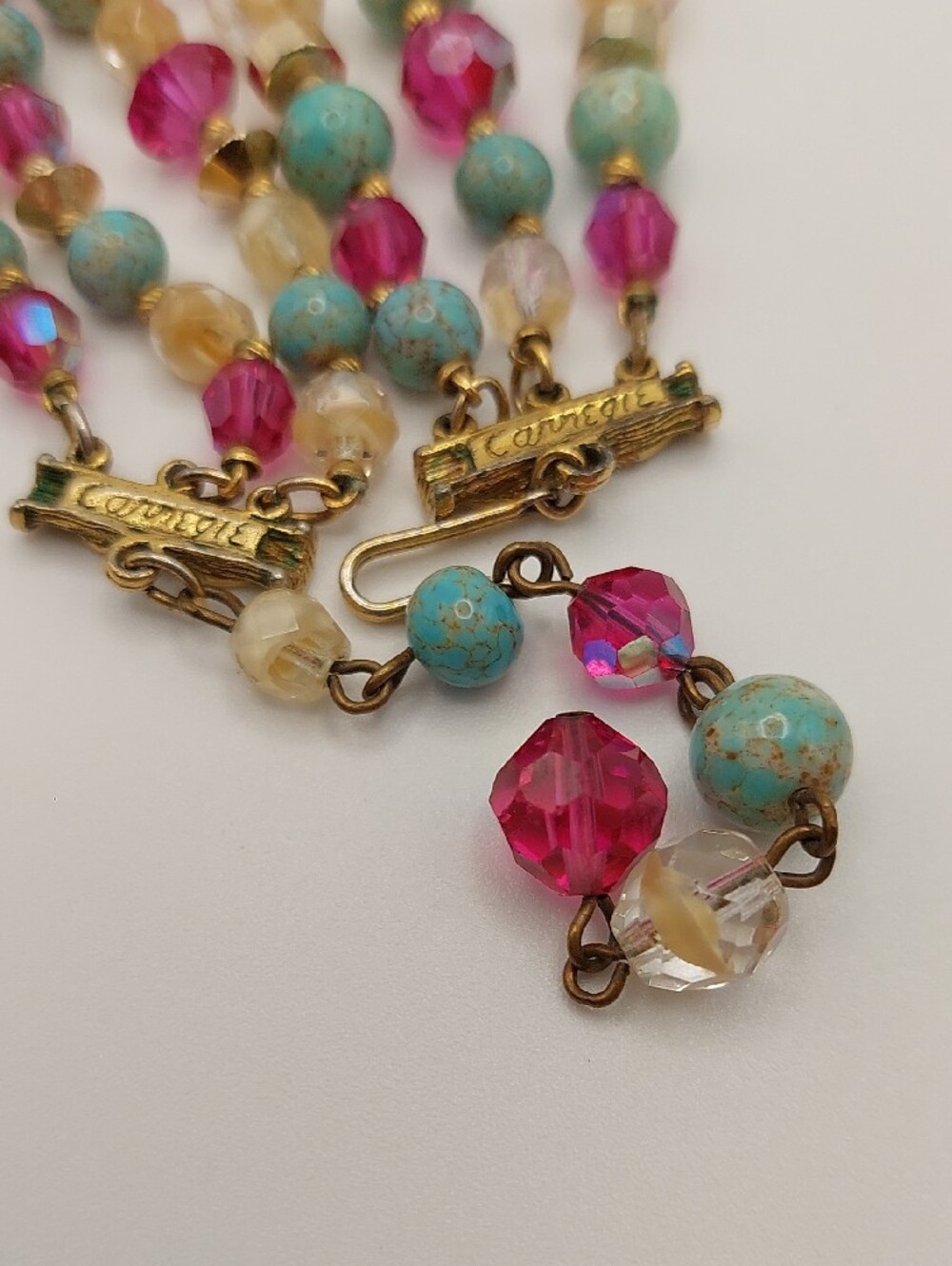 HATTIE CARNEGIE 3-Strand Vtg Blue Ceramic, AB Fuchsia Glass Choker Necklace MCM - Picture 12 of 16